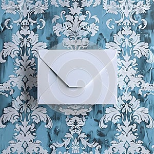 White card Mockup on distressed damask background in vintage dusty blue color