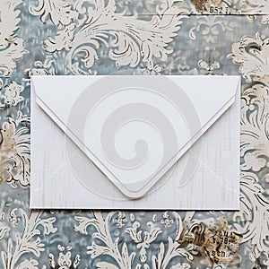 White card Mockup on distressed damask background in vintage dusty blue color