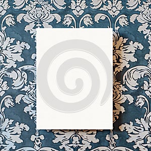 White card Mockup on distressed damask background in vintage dusty blue color