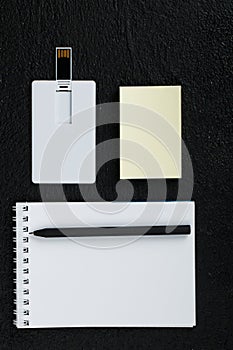 White card. Office desk wooden background top view mock up