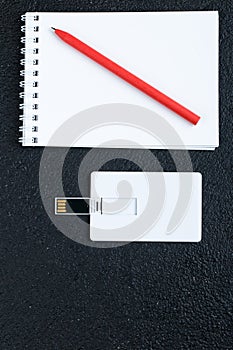 White card. Office desk wooden background top view mock up