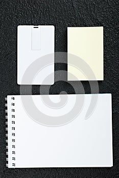 White card. Office desk wooden background top view mock up