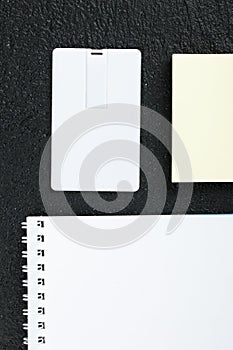 White card. Office desk wooden background top view mock up