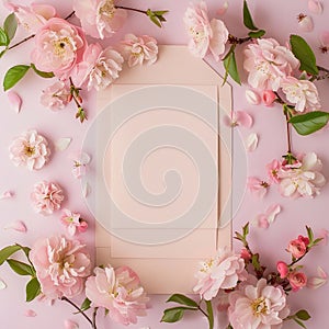 White card on plate Chinoiserie Pink Floral backgraund, Card mockup, invitation mockup,
