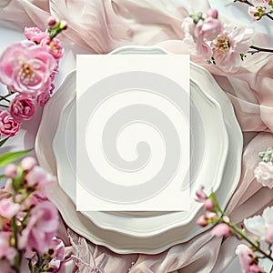 White card on plate Chinoiserie Pink Floral backgraund, Card mockup, invitation mockup,