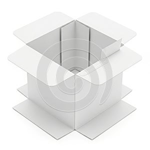 White cardboard box with open flaps and empty interior isolated on white background