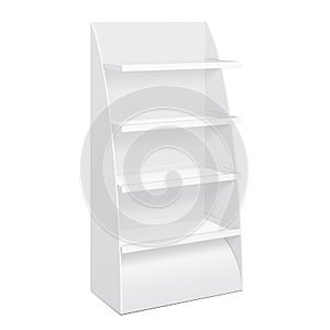 White Cardboard Floor Display Rack For Supermarket Blank Empty Displays With Shelves Products Mock Up Isolated.