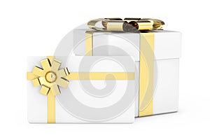 White Cardoard Gift Box, White Gift Card with Golden Ribbon and Bow. 3d Rendering