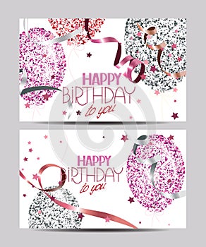 White cards with abstract colorful air balloons with stars, ticker tapes and Happy Birthday wishes photo