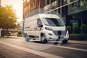 A white cargo van parked on a city street bathed in the warm glow of a sunset, perfect for delivery businesses and