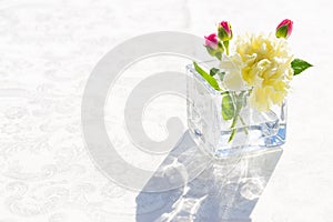 White carnation flowers in the tranparent glass