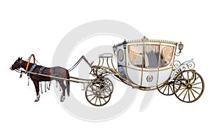 White carriage drawn by a chestnut horse isolated on white background photo