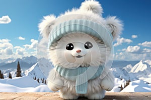 White cartoon bear with cuddly demeanor wears cozy scarf and mittens, exuding warmth. Playful and adorable, bear