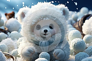 White cartoon bear with cuddly demeanor wears cozy scarf and mittens, exuding warmth. Playful and adorable, bear