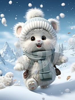 White cartoon bear with cuddly demeanor wears cozy scarf and mittens, exuding warmth. Playful and adorable, bear