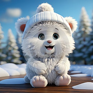 White cartoon bear with cuddly demeanor wears cozy scarf and mittens, exuding warmth. Playful and adorable, bear