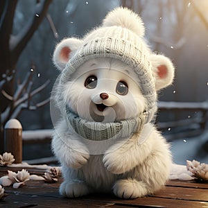 White cartoon bear with cuddly demeanor wears cozy scarf and mittens, exuding warmth. Playful and adorable, bear