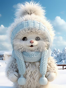 White cartoon bear with cuddly demeanor wears cozy scarf and mittens, exuding warmth. Playful and adorable, bear