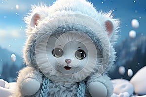 White cartoon bear with cuddly demeanor wears cozy scarf and mittens, exuding warmth. Playful and adorable, bear