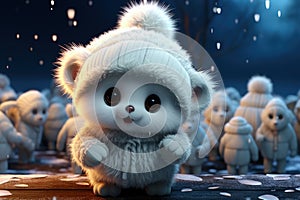 White cartoon bear with cuddly demeanor wears cozy scarf and mittens, exuding warmth. Playful and adorable, bear