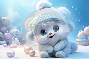 White cartoon bear with cuddly demeanor wears cozy scarf and mittens, exuding warmth. Playful and adorable, bear