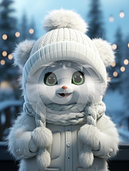 White cartoon bear with cuddly demeanor wears cozy scarf and mittens, exuding warmth. Playful and adorable, bear