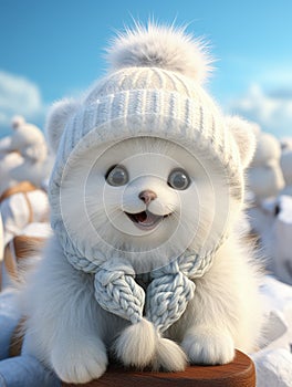 White cartoon bear with cuddly demeanor wears cozy scarf and mittens, exuding warmth. Playful and adorable, bear