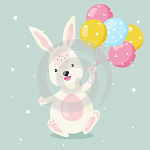 White cartoon bunny with balloons, for kid`s or baby`s t shirt design, fashion print, graphic, kids wear.