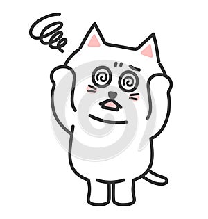 White cartoon cat feels lightheaded, vector illustration.