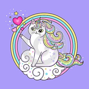 White, cartoon cat unicorn in a round rainbow. Children`s design. Vector illustration