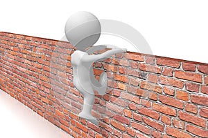 White cartoon character getting over the wall - 3D illustration