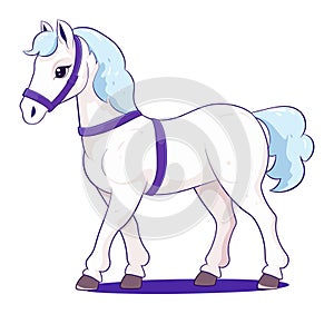 White cartoon horse with blue mane and purple halter standing. Cute stylized equine character for children's book