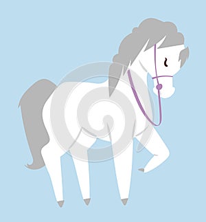 White cartoon horse with purple reins on blue background. Simplistic style equine character design. Cute horse