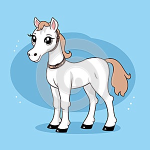 White cartoon horse standing with a blue background. Cute friendly animal character illustration for children