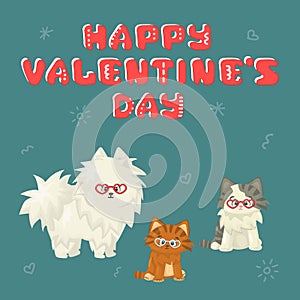 White cartoon isolated vector cute flat dog with two cats on blue or green background. One cat is white and gray, second is red