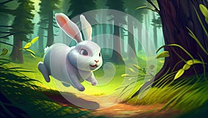 White cartoon rabbit runs in the forest. Ai generative