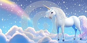 White cartoon unicorn Pegasus pony horse in heaven.Kawaii fairy tale sweet dreamy pastel rainbow fluffy clouds with stars