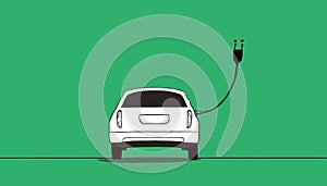 White cartoonish car with cable and plug on green background, electric sustainable car concept