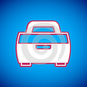 White Case or box container for wobbler and gear fishing equipment icon isolated on blue background. Fishing tackle