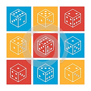 White casino dice on a colorful background. Set of flat modern line icons. Vector illustration.