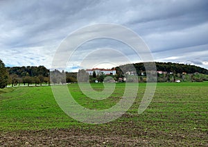 white castle Hrastovec in Slovenske Gorice on green hill. Slovenia. Europe