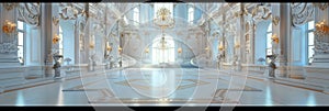 White Castle Interiors, Empty Victorian Hall, Luxury Hotel Lobby, Royal Villa, Copy Space