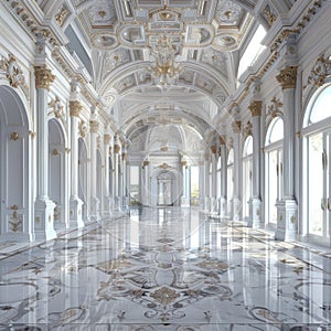White Castle Interiors, Empty Victorian Hall, Luxury Hotel Lobby, Royal Villa, Copy Space