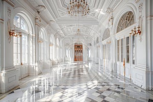 White Castle Interiors, Empty Victorian Hall, Luxury Hotel Lobby, Royal Villa, Copy Space