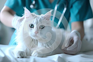 white cat being examined by a veterinarian in vet clinic., focus on cat, pet healthcare concept