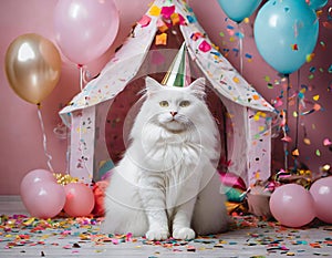 White cat with birthday hat in pink room with balloons and confetti