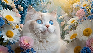 White cat with blue eyes in floral forest.