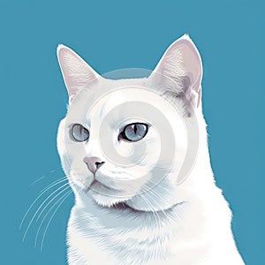 a white cat with blue eyes is looking at the camera with a serious look on his face and a blue background is also visible in the
