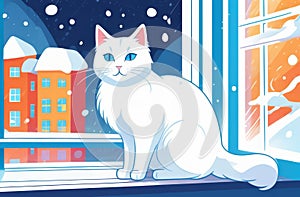 White cat with blue eyes near the window on a winter day