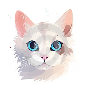 a white cat with blue eyes and a pink nose is looking at the camera with a serious look on its face, with a white background